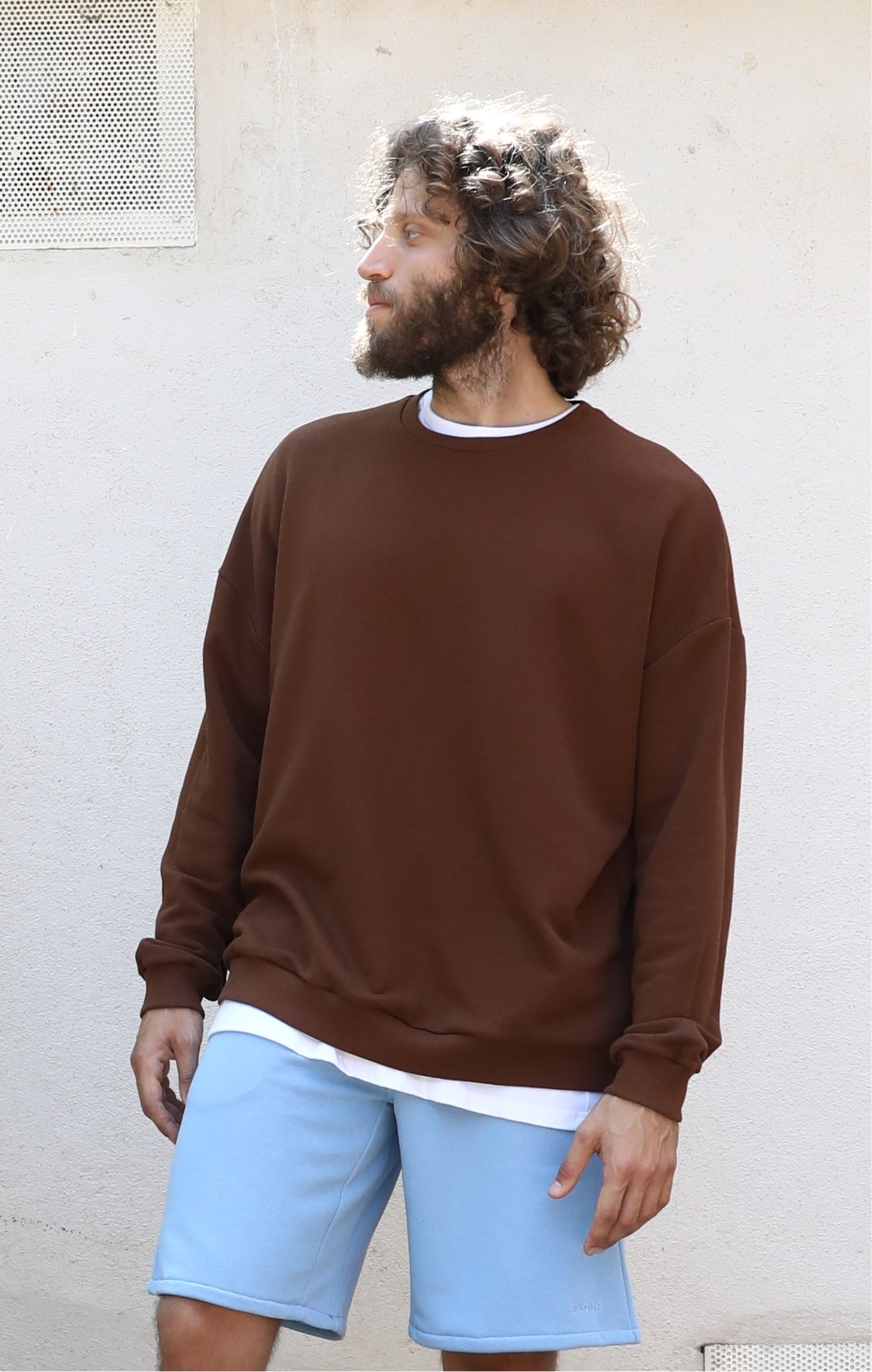 OVERSIZED ON BOTH SIDES SWEATSHIRT BROWN | REVERSIBLE ALMOND LIGHT BROWN STITCHING ON INSIDE